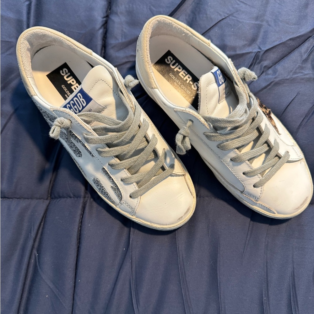 Golden Goose Super Star Sneakers in Silver Stripe/Leopard Star